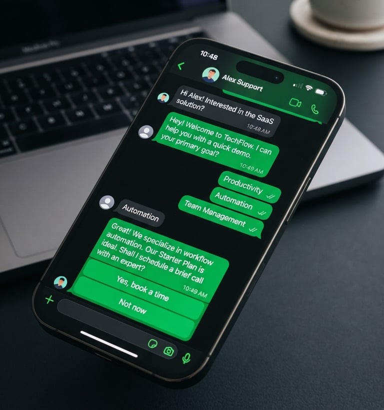 Close-up of a smartphone screen displaying a high-converting automated WhatsApp chat flow, with electric green message bubbles, on a minimalist dark desk with a modern laptop, crisp studio lighting, macro lens, shallow depth of field, deep charcoal and electric green tones.