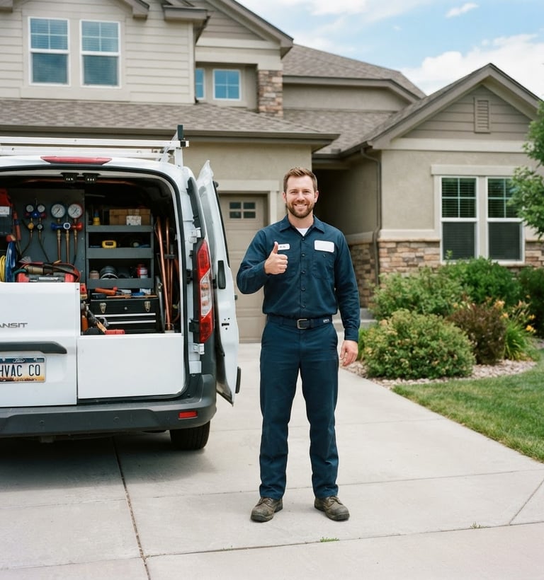 Professional HVAC technician in uniform, smiling and giving a thumbs up next to a clean service van parked in a residential Parker driveway, bright natural daylight, 35mm