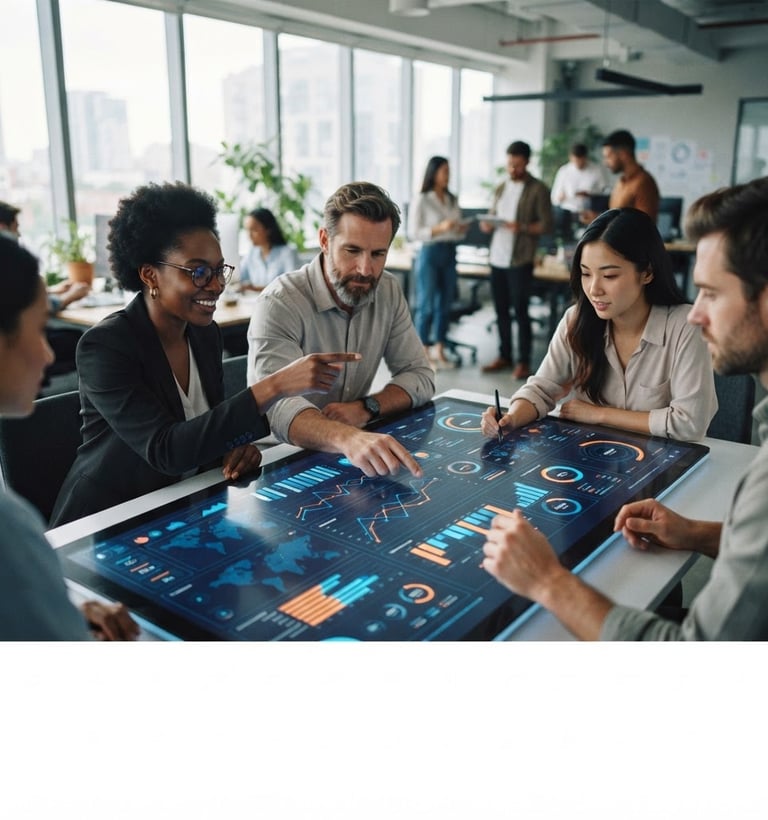 Wide panoramic shot of a diverse creative team collaborating intensely around a large digital dashboard displaying analytics, crisp studio lighting, focus on hands interacting with screens, electric blue and energetic orange accents visible on UI elements, shallow depth of field, 35mm