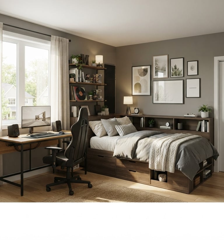 Medium-wide environmental shot of a clean, organized teen bedroom with ModuTeen storage bed and gaming desk, bright natural afternoon window light, muted neutral tones, sharp focus, 35mm