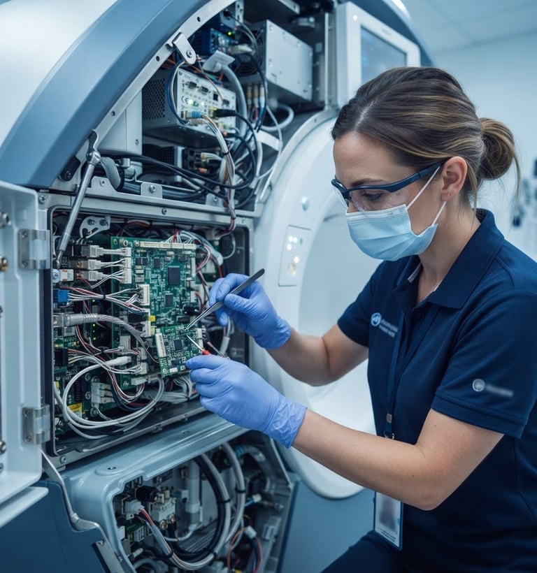 Field engineer in clean branded uniform working on internal circuitry of a high-tech medical imaging system, sharp focus on hands and components, bright clinical lighting, cool blue and slate tones, eye-level portrait.