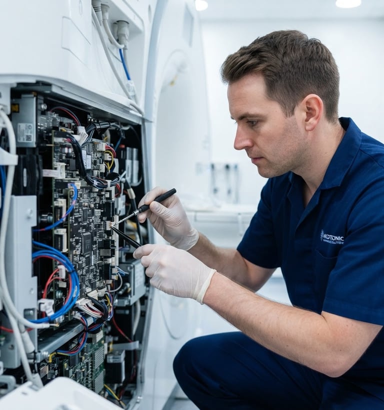 Field engineer in clean branded uniform meticulously working on the internal circuitry of a medical imaging machine, bright clinical white lighting, sharp focus on hands and components, cool blue and slate tones, 50mm lens, eye-level.