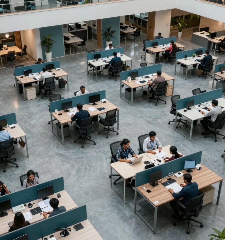 An aerial view of a clean, modern corporate workspace in an Indian technology park, featuring spacious desks and professionals working in a calm, collaborative environment, teal and slate blue accents.