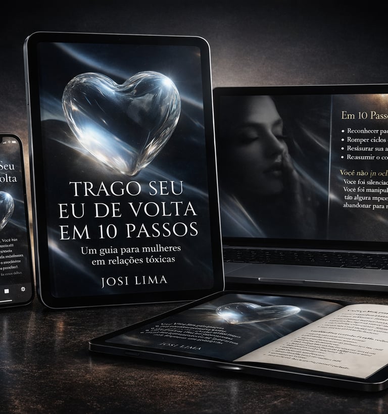 Portuguese ebook about toxic relationships displayed on a tablet, laptop, and smartphone.
