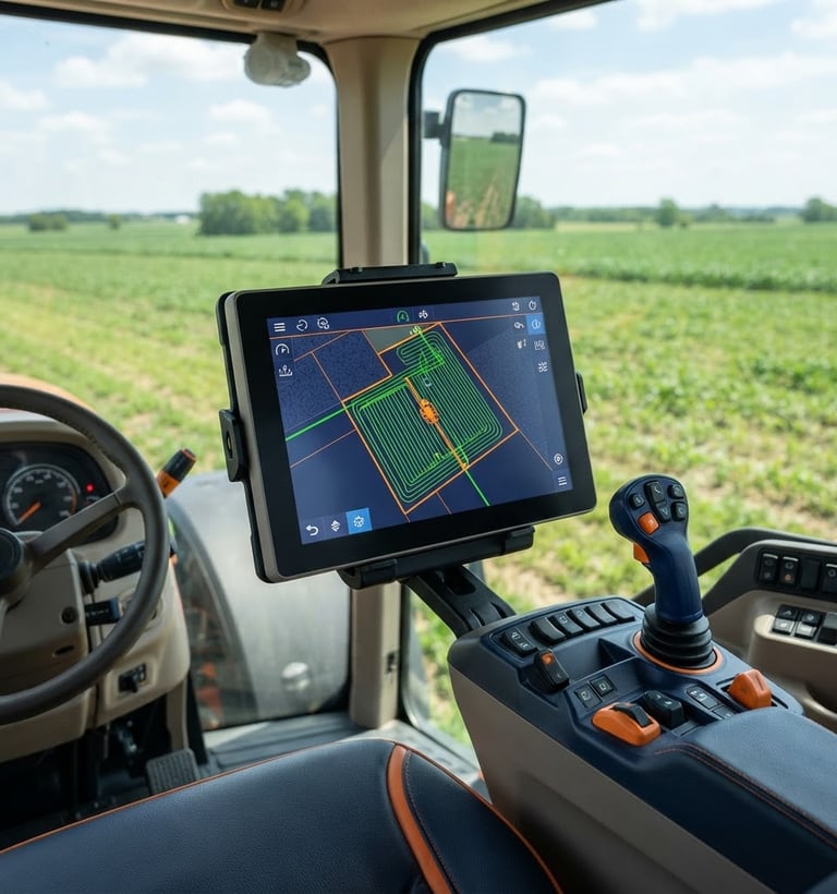 High-brightness touchscreen console mounted in a modern tractor cab, displaying a detailed field map with green guidance lines, bright direct daylight, high-contrast navy and safety orange tones, crisp detail, 50mm