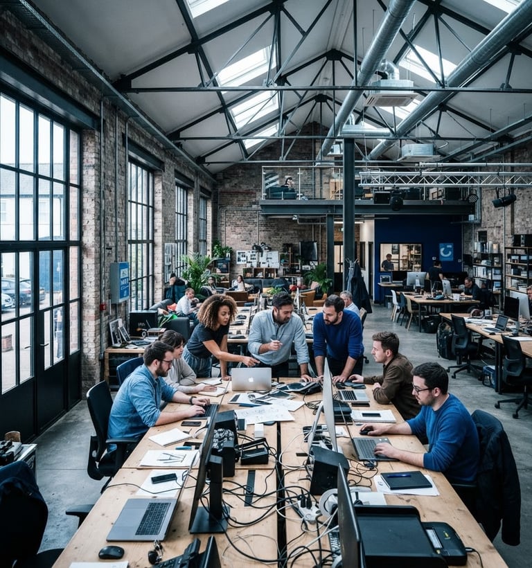Wide panoramic shot of the interior of the Coachworks creative hub in Ashford, industrial architecture, high-contrast cool window light, collaborative team members working at desks, sharp focus, 35mm lens.