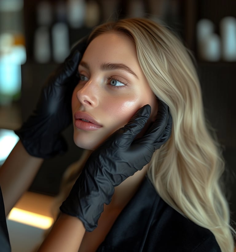 Aesthetic model being examined by an aesthetics practioner wearing black gloves in clinic