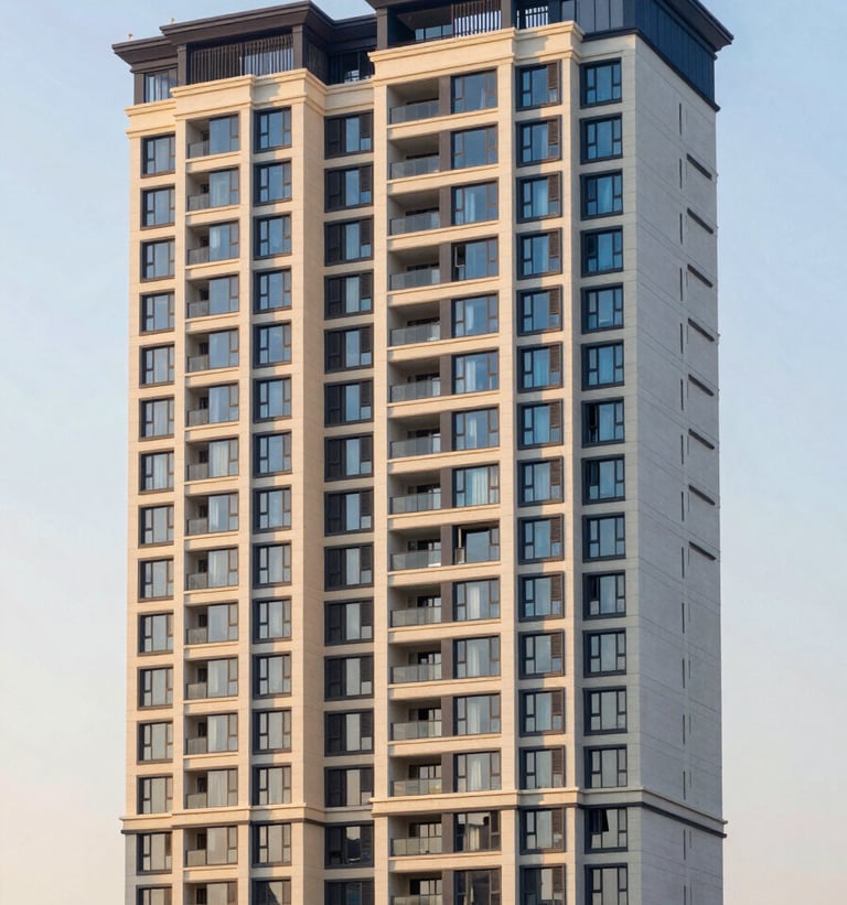 A high-definition photograph of a luxury high-rise residential complex in Noida, India, during the golden hour, showing clean architectural lines and elegant dark blue and off-white accents.