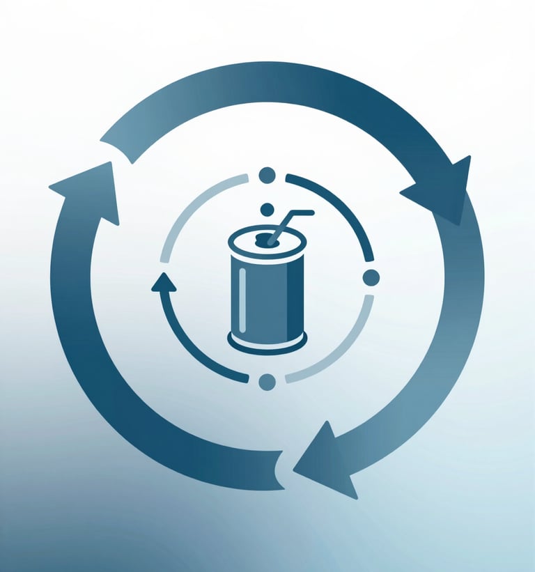 A digital visualization of a circular economy loop, showing waste transforming into energy particles and fuel canisters, using professional clean lines and #4F7E6B and #B0C8BE colors.