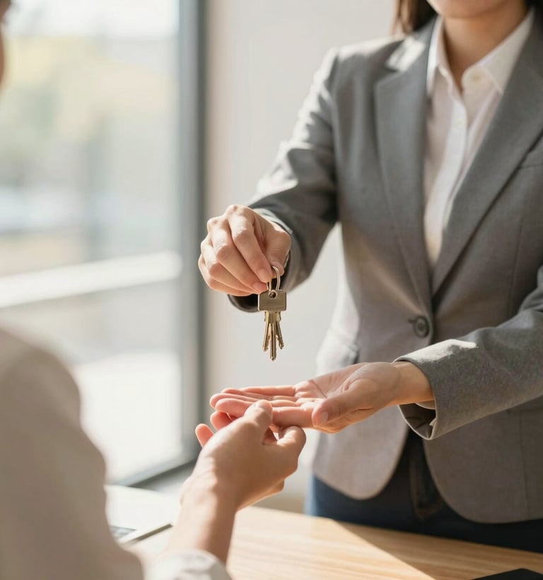 Close-up of a professional real estate agent in business-casual attire handing over keys to a client, bright natural daylight, warm inviting tones