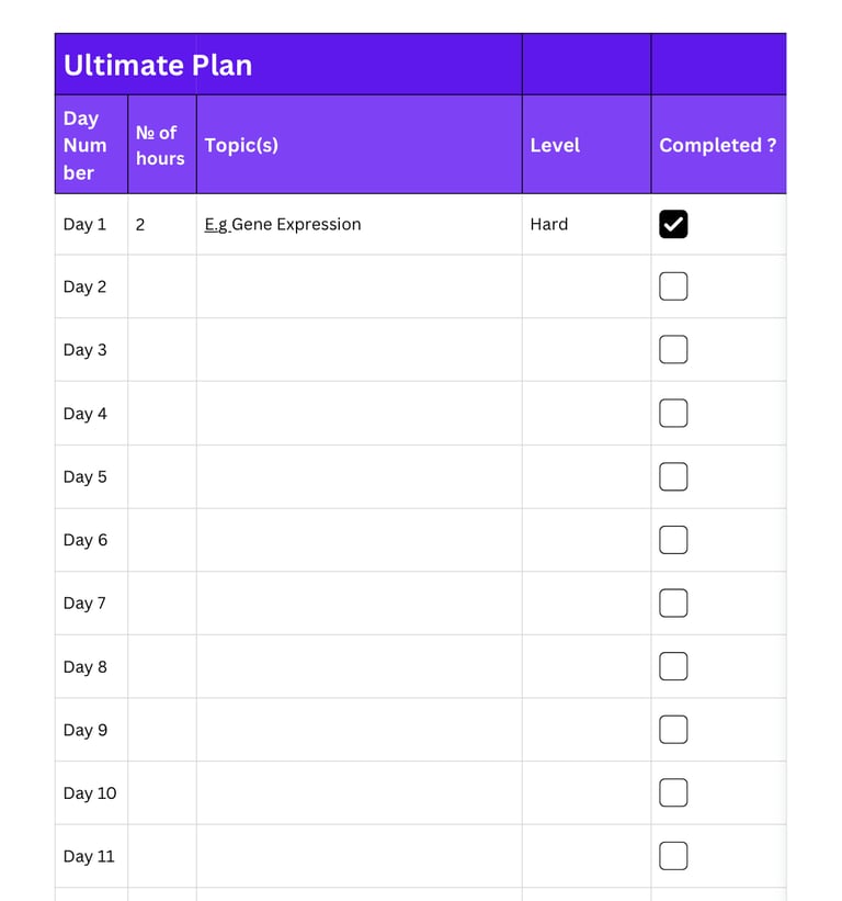 A purple and white ultimate study plan table tracking daily learning topics and progress with checkboxes.