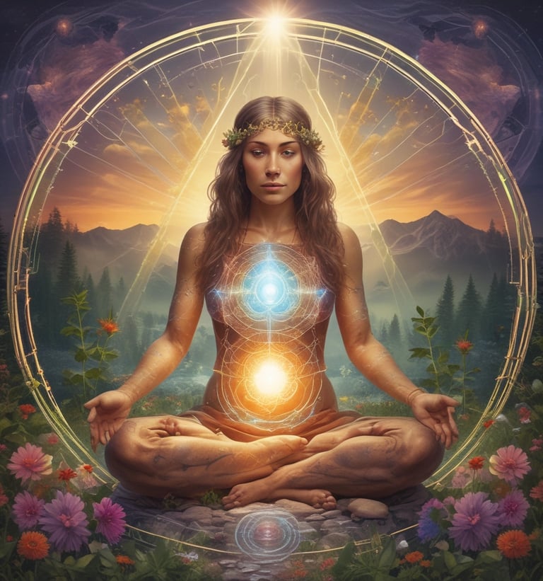 A spiritual altar is set up outdoors on a fluffy white surface with various crystals, a wooden board spelled 'ENERGIES' with wooden letters, tarot or oracle cards, a candle, and a bowl of pink Himalayan salt. Green foliage surrounds the setup, creating a serene and natural backdrop.