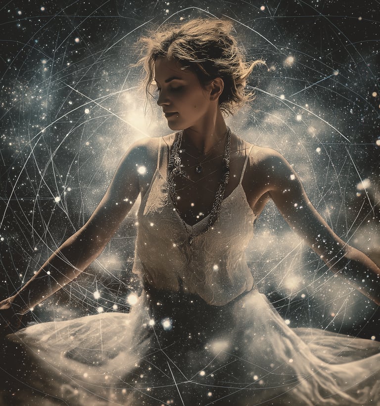 femme lumineuse entourée par un champ énergétique d'une lumière très blanche