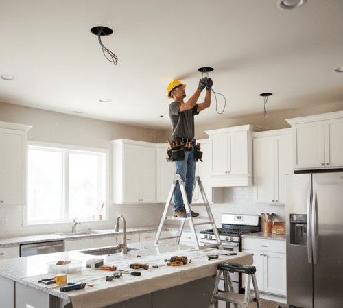 electrician in nuneaton installing spots light in kitchen.