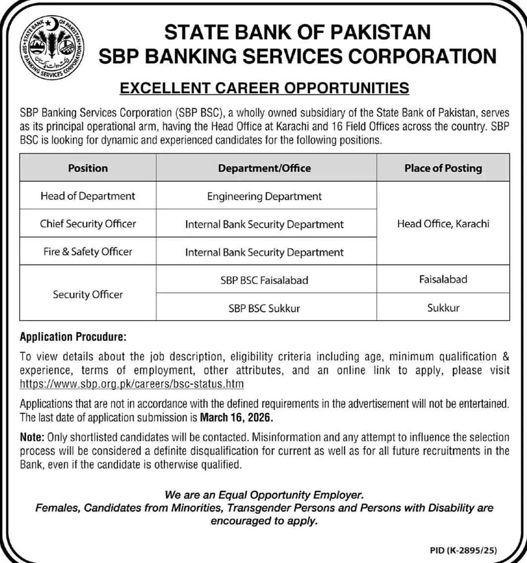 State Bank of Pakistan SBP Banking Services Corporation SBP BSC Jobs 2026 advertisement announcing v