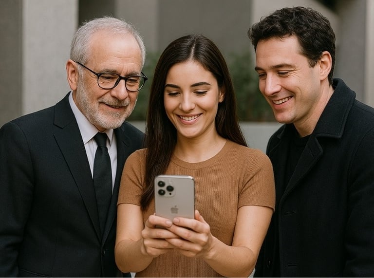 Uma foto de 3 pessoas do aquisição inteligente, vendo o site no celular da empresa