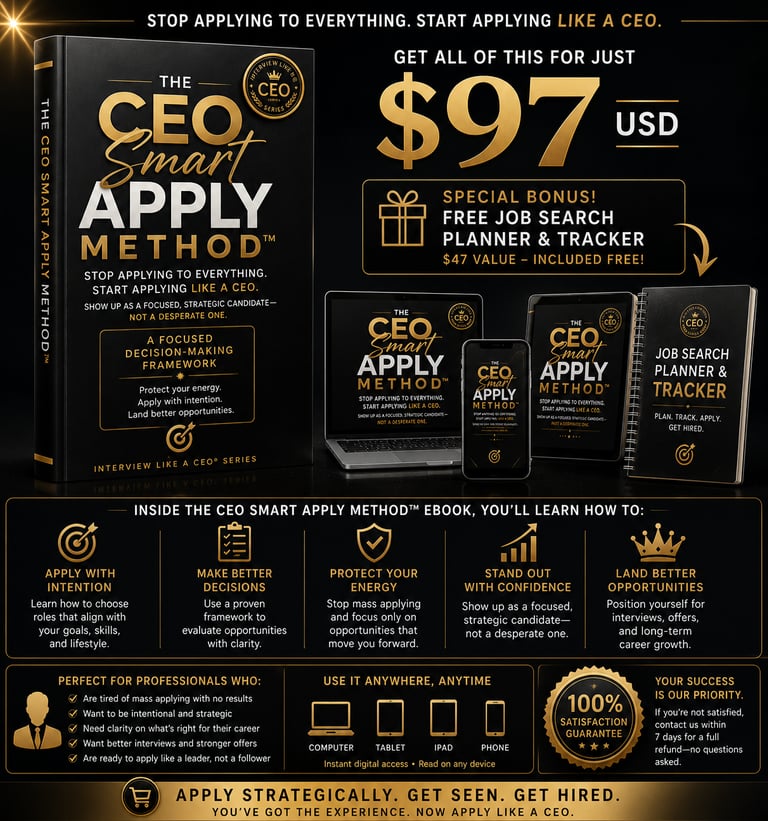 The CEO Smart Apply Method ebook bundle featuring a digital guide, job search planner, and tracker for career growth.