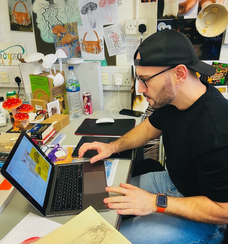 Sezer in a creative process of work