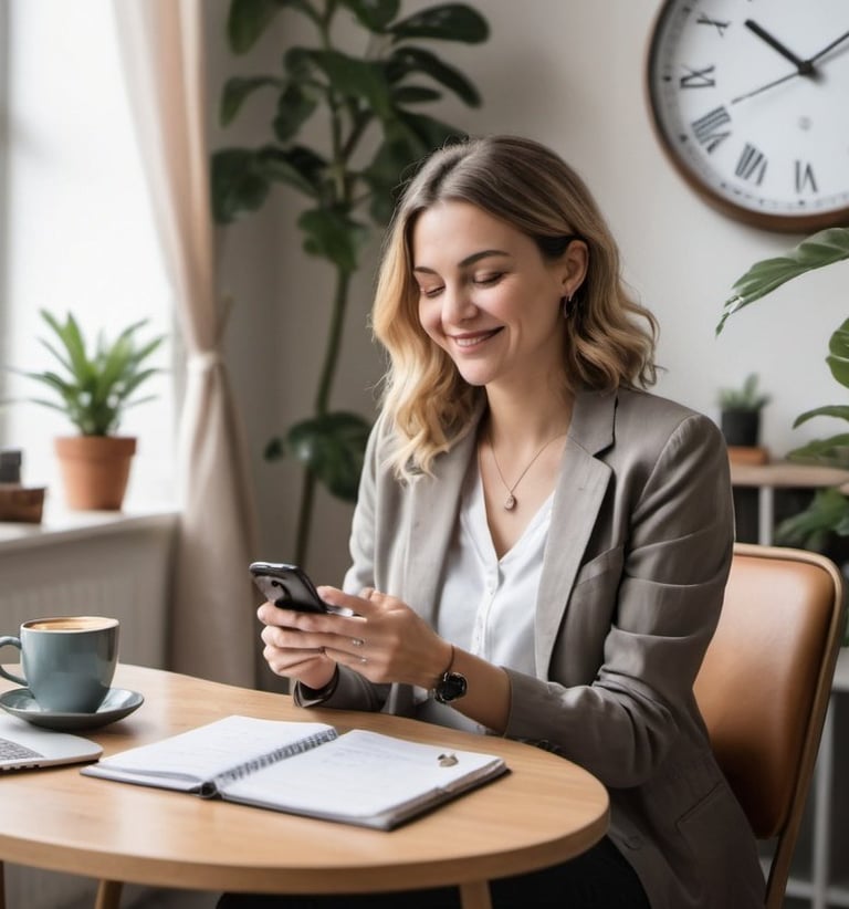 female psychologist in her clinic, looking and smiling at her smartphone picture