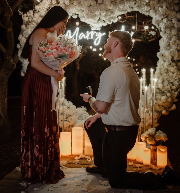 a man and woman standing in front of a wedding arch