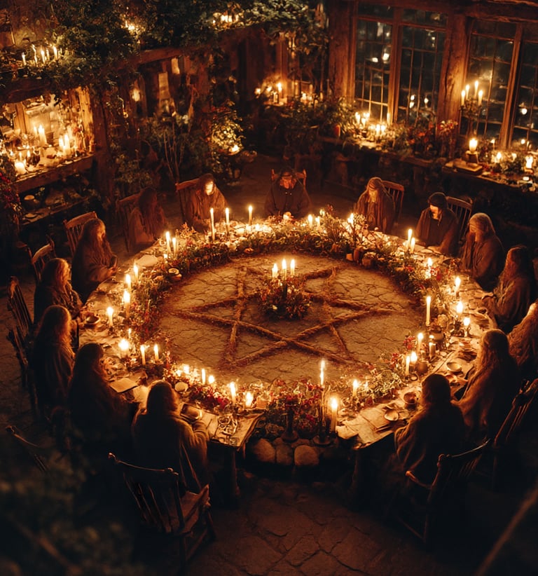cercle de femmes assise autour d'une table ronde célèbrent le sabbat de yule et le retour du soleil