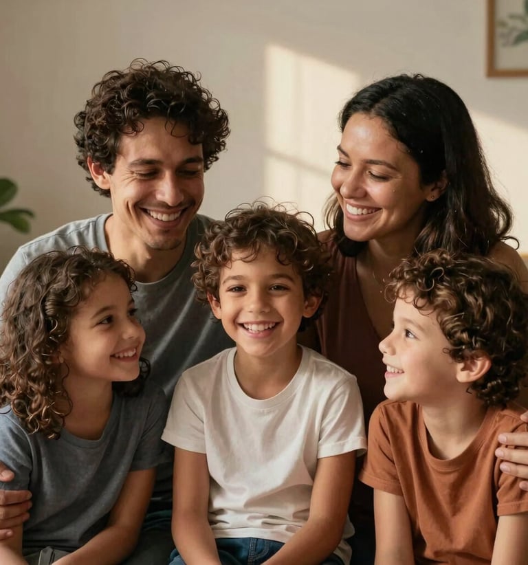 Uma família jovem rindo junta em uma sala iluminada pelo sol da tarde, transmitindo um sentimento de alívio e segurança genuína