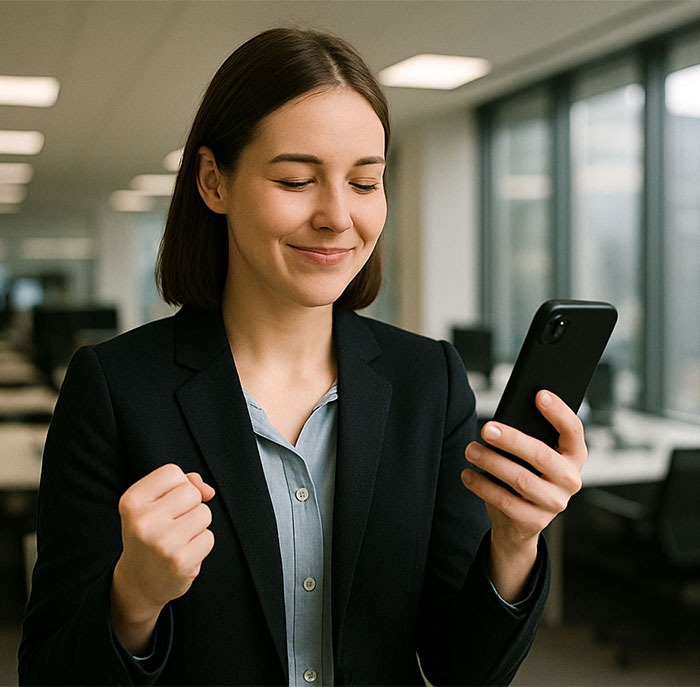 Professional woman celebrating good news while looking at her phone in a modern office setting