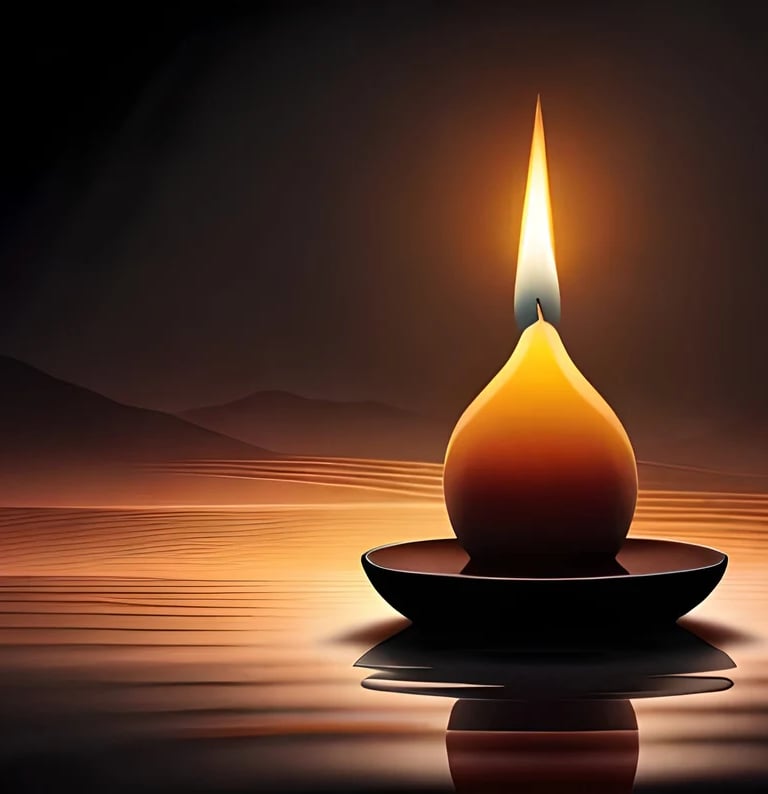 Illustration of a lit candle on a body of water, with mountains in the background