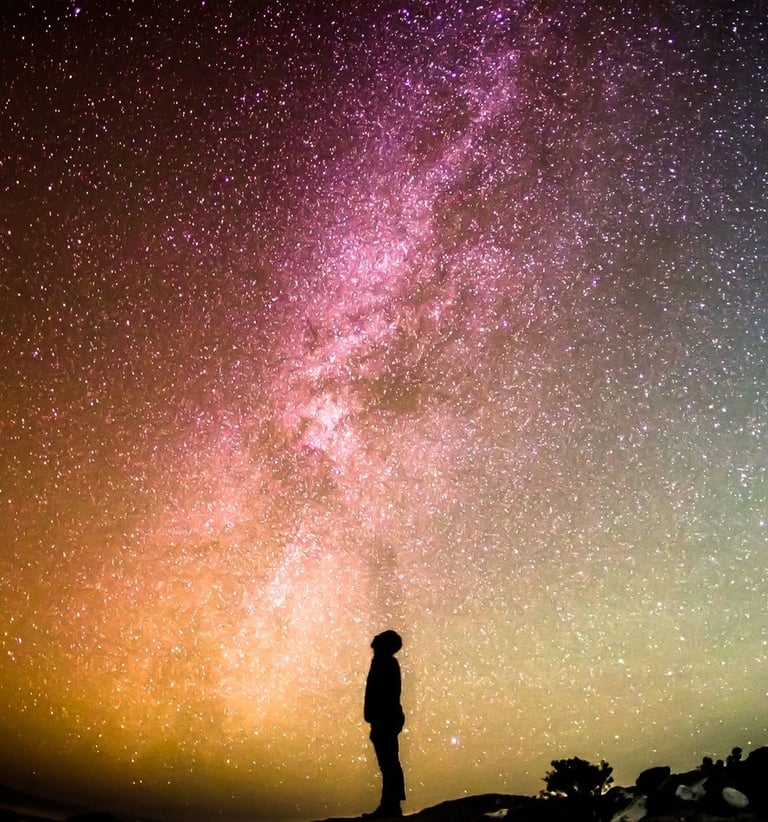 Silhouette of a man looking up to the night sky