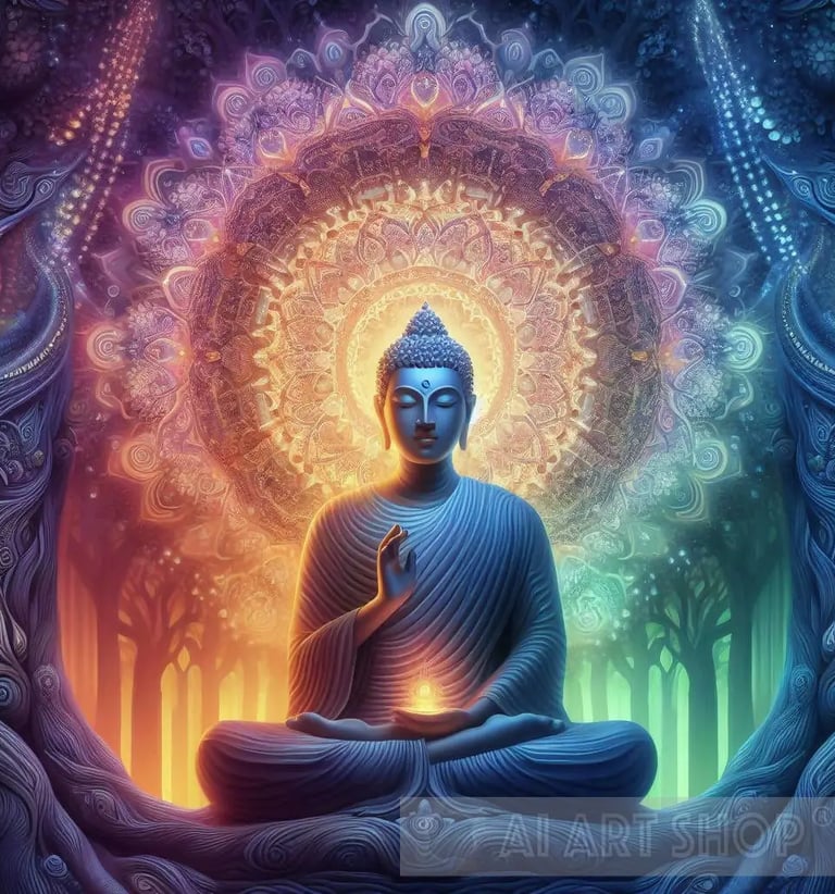 Photo of a sitting buddha statue, with multi-colored lights and patterns surrounding it