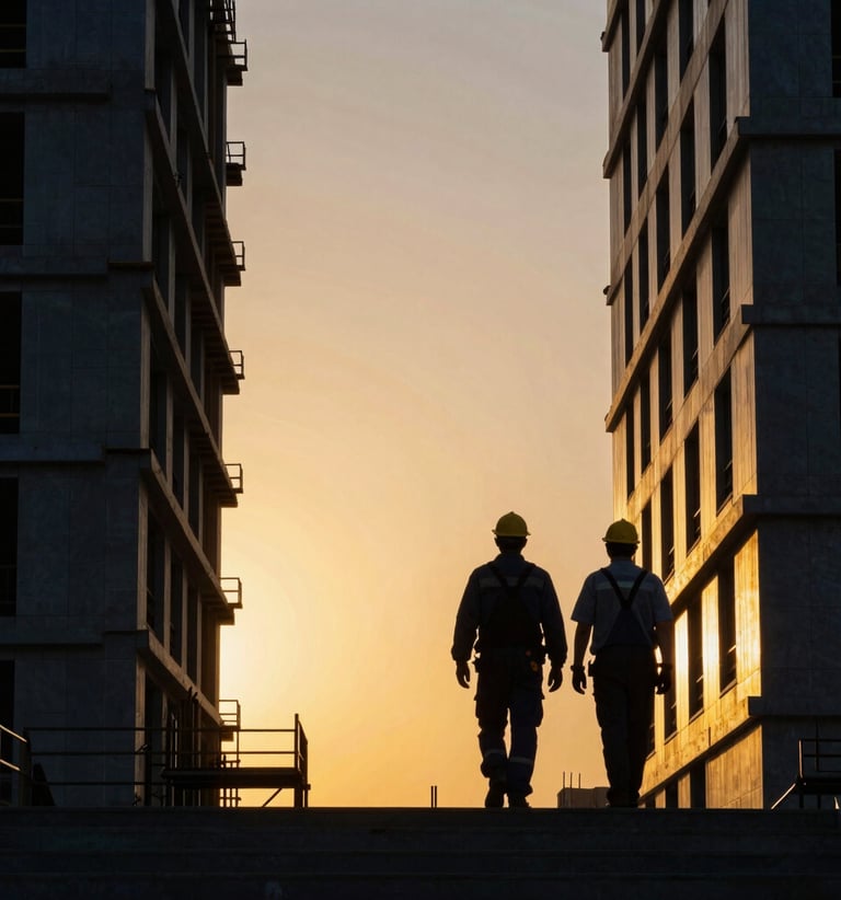 Two professional craftsmen in clean workwear walking side-by-side toward a dramatic warm golden sunset on a structured construction site, high-contrast silhouettes, 35mm