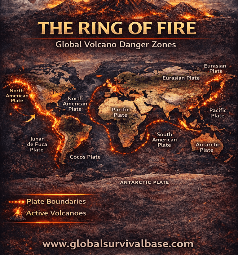Global volcanic risk map showing Pacific Ring of Fire zones
