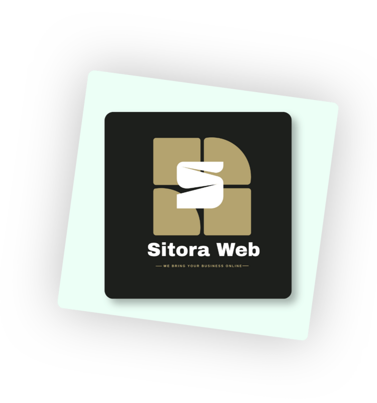 Sitora Web agency logo with a white letter S over gold geometric shapes on a dark background.