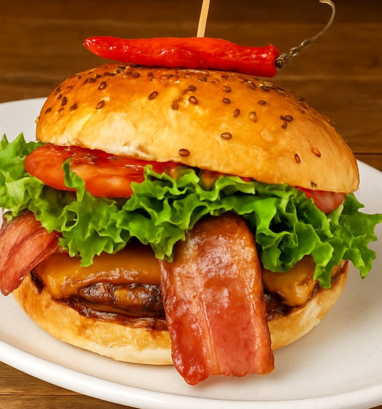 Hamburguesa gourmet picante con pan con semillas, queso fundido, lechuga fresca y guarnición.