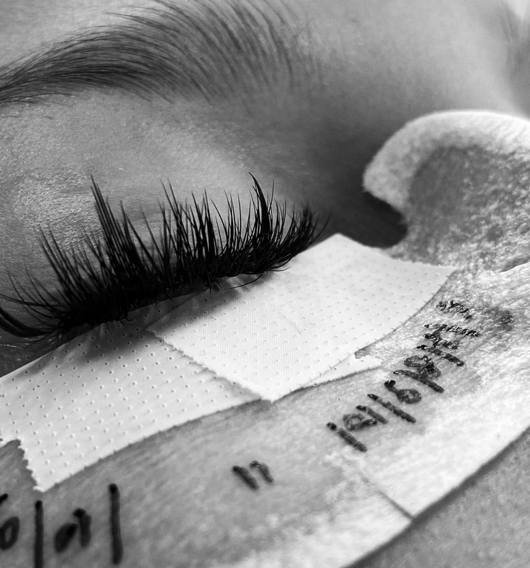 Aplicación profesional de extensiones de pestañas volumen con cinta de mapeo en el párpado inferior.