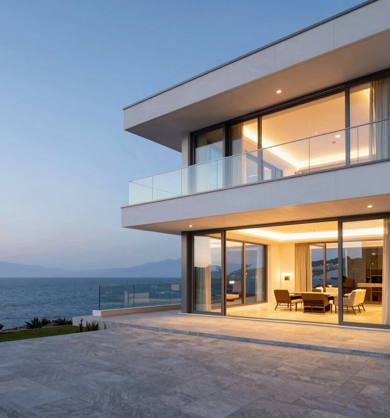Wide architectural shot of a modern luxury villa in Izmir at dusk, featuring a sleek, closed glass balcony system overlooking the Aegean sea, clean lines, warm interior lighting glowing through the glass, high-end aluminum frames.