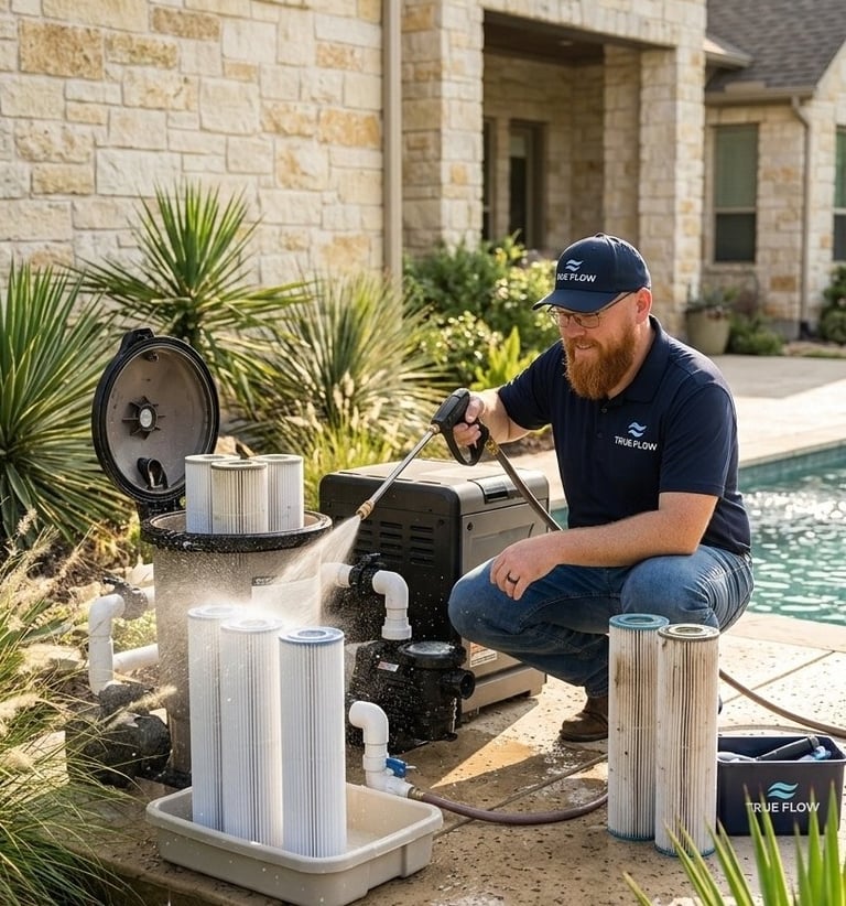 Cartridge pool filter cleaning service for a residential pool