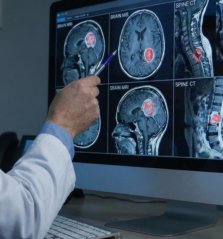 Neurologist reviewing brain MRI and spine CT scans with highlighted abnormal findings on a computer monitor.