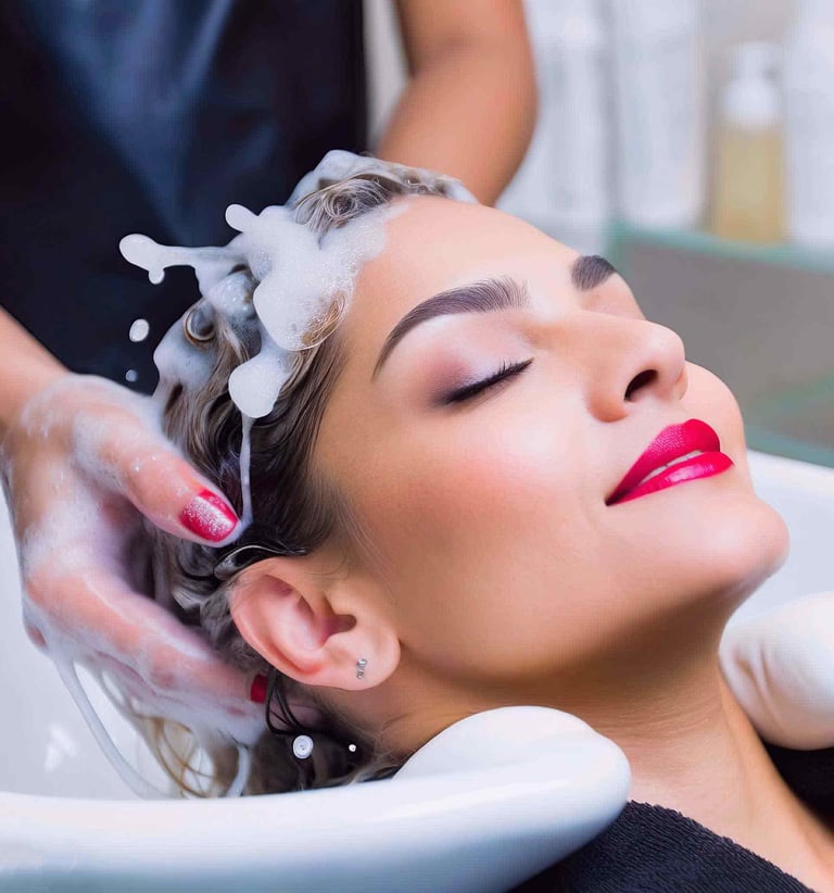 a woman is getting her hair washed in salon