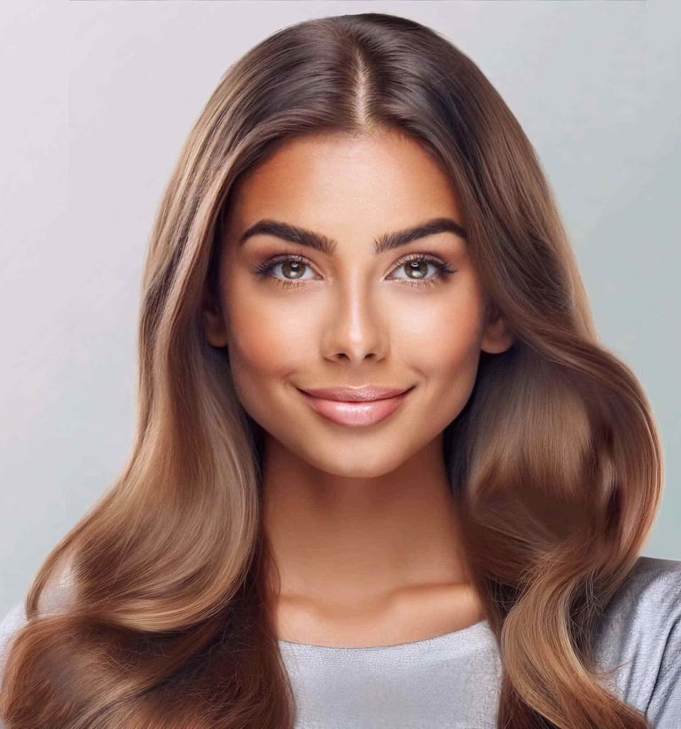 a woman with long hair and a gray shirt just went through a protein boost treatment on her hair