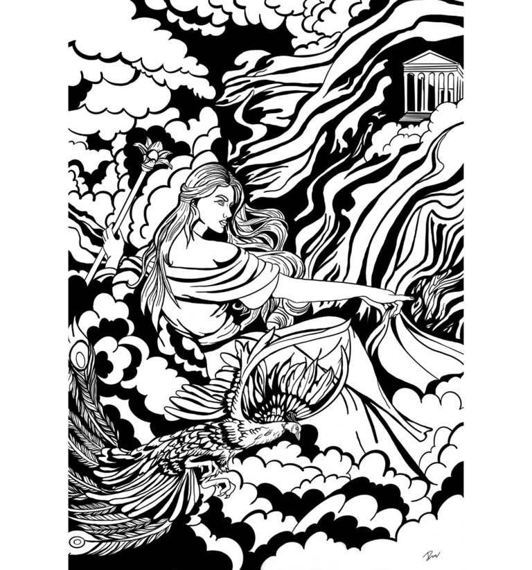 Un dessin digital d'Hera en noir et blanc 