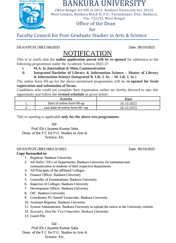 Re-admission notification, Bankura University