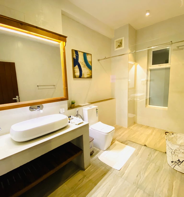 a bathroom with a large mirror and a sink