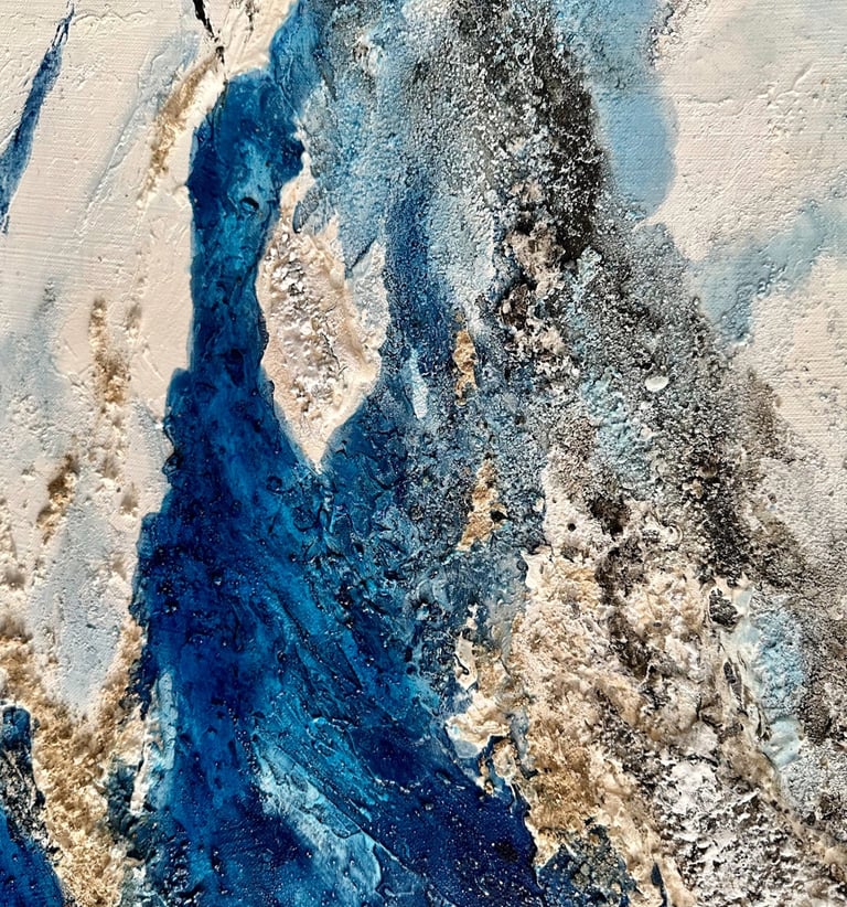 Peinture abstraite série passagère - tons bleus et ocres reliefs - Caroline Blanc 