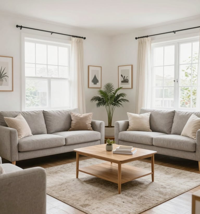 light candle on round white coffee table and sectional sofa
