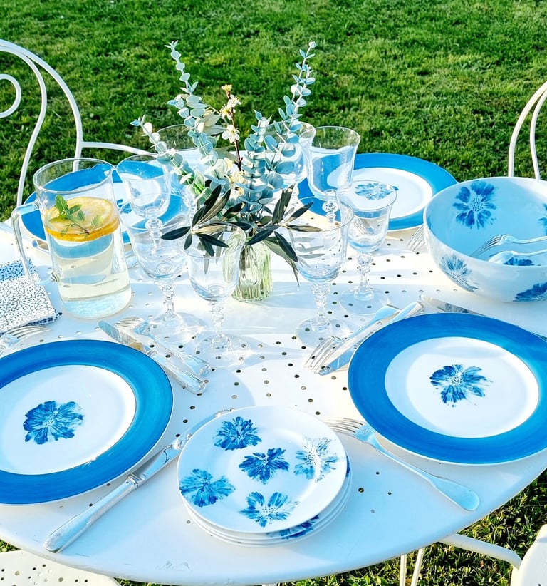 assiette et service en porcelaine bleu