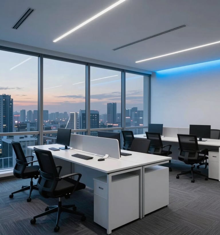 A minimalist, modern executive office in a South Asian tech hub. A large window reveals a cityscape at dusk. The interior features white desks, ergonomic chairs, and subtle electric blue accent lighting on the walls.