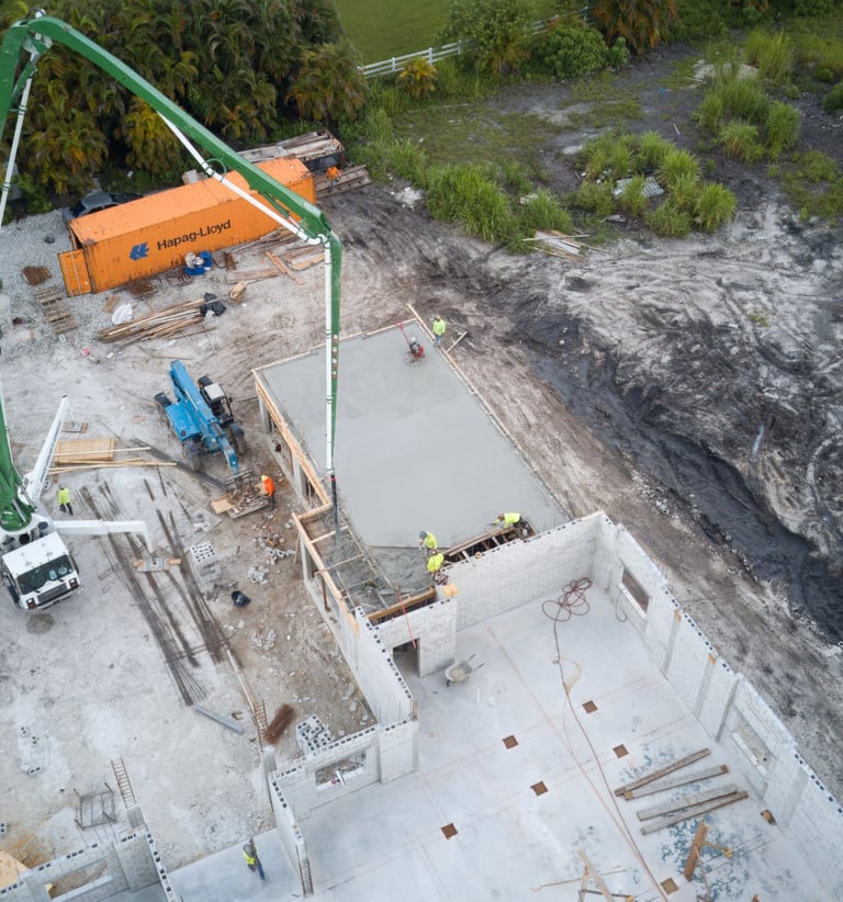 drone imagery of concert pour on construction site