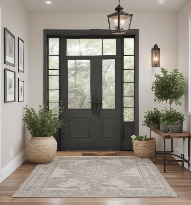 Modern farmhouse entryway with black double doors, neutral rug, potted plants, and lantern lighting