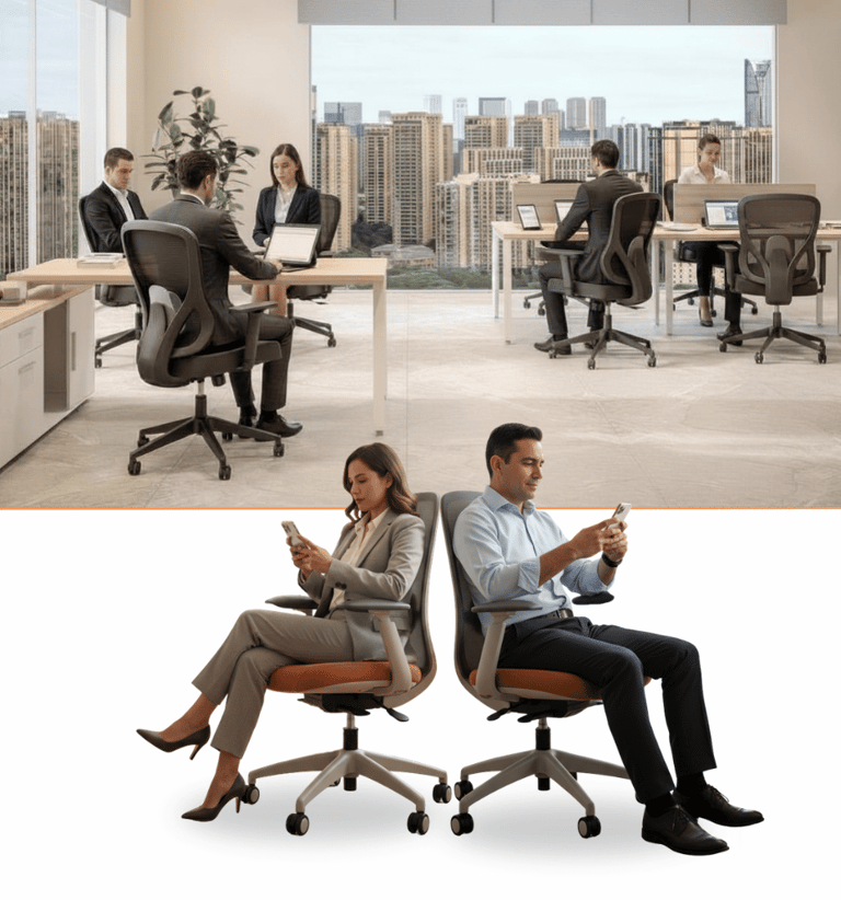 Oficina corporativa con sillería Performance y personas trabajando desde sillas operativas.